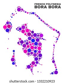 Mosaic Bora-Bora map isolated on a white background. Vector geographic abstraction in pink and violet colors. Mosaic of Bora-Bora map combined of random spheric dots.