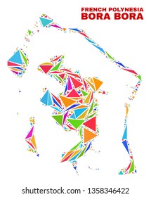 Mosaic Bora-Bora map of triangles in bright colors isolated on a white background. Triangular collage in shape of Bora-Bora map. Abstract design for patriotic purposes.