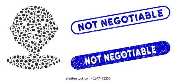 Mosaic bored and distressed stamp seals with Not Negotiable caption. Mosaic vector bored is created with randomized elliptic items. Not Negotiable stamp seals use blue color,