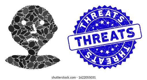 Mosaic I am bored icon and corroded stamp seal with Threats caption. Mosaic vector is formed with I am bored icon and with randomized ellipse spots. Threats stamp uses blue color,