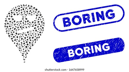 Mosaic bored smiley map marker and rubber stamp seals with Boring phrase. Mosaic vector bored smiley map marker is formed with random oval elements. Boring seals use blue color,