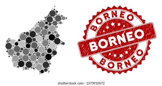 Mosaic Borneo Island map and circle seal stamp. Flat vector Borneo Island map mosaic of randomized circle elements. Red rubber stamp with distress texture.