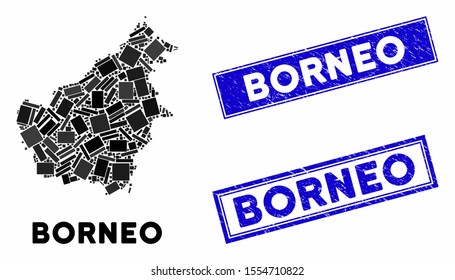 Mosaic Borneo Island map and rectangular seal stamps. Flat vector Borneo Island map mosaic of random rotated rectangular elements. Blue caption seal stamps with distress textures.