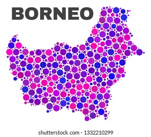 Mosaic Borneo map isolated on a white background. Vector geographic abstraction in pink and violet colors. Mosaic of Borneo map combined of scattered circle elements.