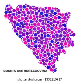 Mosaic Bosnia and Herzegovina map isolated on a white background. Vector geographic abstraction in pink and violet colors. Mosaic of Bosnia and Herzegovina map combined of random spheric dots.