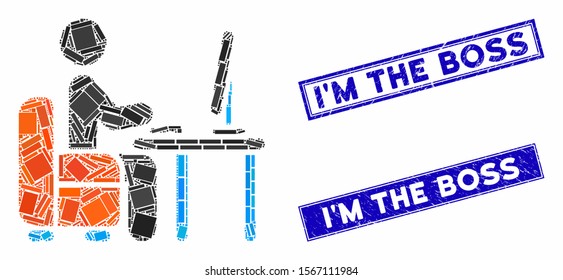Mosaic boss desk pictogram and rectangular rubber prints. Flat vector boss desk mosaic pictogram of random rotated rectangular elements. Blue caption rubber seals with scratched textures.