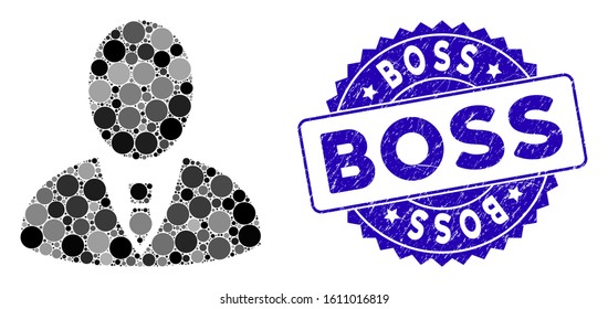 Mosaic boss icon and rubber stamp watermark with Boss caption. Mosaic vector is created with boss icon and with scattered spheric elements. Boss stamp seal uses blue color, and grunge surface.