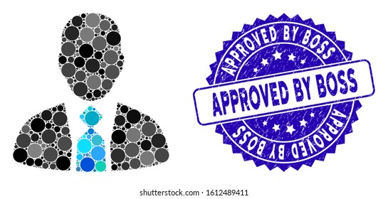 Mosaic boss icon and rubber stamp watermark with Approved by Boss caption. Mosaic vector is created from boss icon and with randomized round items. Approved by Boss stamp seal uses blue color,