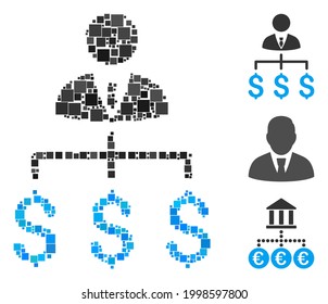 Mosaic Boss payments icon united from square items in different sizes and color hues. Vector square items are united into abstract illustration boss payments icon. Bonus pictograms are placed.