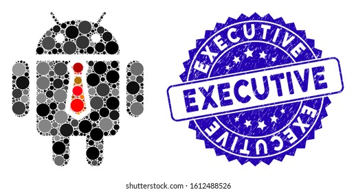 Mosaic boss robot icon and rubber stamp seal with Executive caption. Mosaic vector is formed from boss robot icon and with random round elements. Executive stamp seal uses blue color,