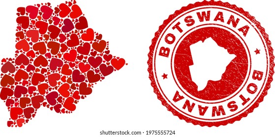 Mosaic Botswana map formed with red love hearts, and textured seal stamp. Vector lovely round red rubber seal stamp imitation with Botswana map inside.