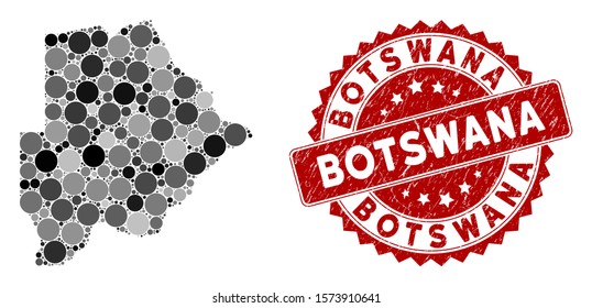 Mosaic Botswana map and round seal stamp. Flat vector Botswana map mosaic of random round items. Red rubber stamp with grunged design. Designed for political and patriotic agitation.