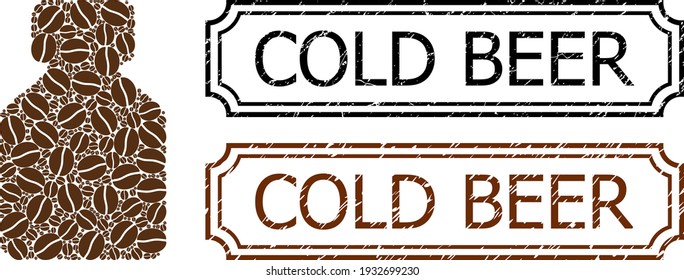 Mosaic bottle composed of coffee grain, and grunge Cold Beer rectangle seals with notches. Vector coffee parts are composed into abstract composition bottle icon with brown color.