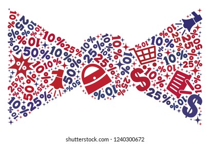 Mosaic bow tie constructed with blue and red shopping symbols. Retail collage of mosaic bow tie icon. Flat design for shopping purposes.