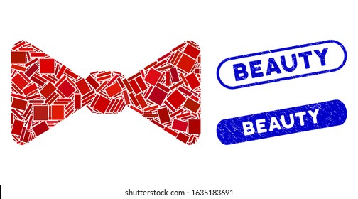 Mosaic bow tie and corroded stamp seals with Beauty caption. Mosaic vector bow tie is composed with scattered rectangle items. Beauty stamp seals use blue color, and have round rectangle shape.