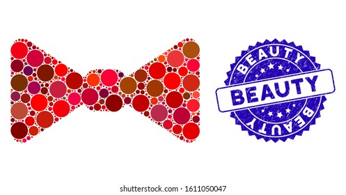 Mosaic bow tie icon and distressed stamp watermark with Beauty caption. Mosaic vector is composed with bow tie icon and with random spheric items. Beauty stamp uses blue color, and grunge design.