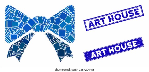 Mosaic bow tie pictogram and rectangular seal stamps. Flat vector bow tie mosaic icon of random rotated rectangular items. Blue caption seal stamps with scratched surface.