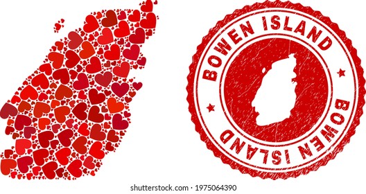 Mosaic Bowen Island map composed with red love hearts, and unclean seal. Vector lovely round red rubber seal imitation with Bowen Island map inside.