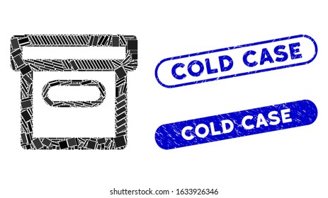 Mosaic box and corroded stamp seals with Cold Case caption. Mosaic vector box is designed with randomized rectangles. Cold Case stamp seals use blue color, and have round rectangle shape.