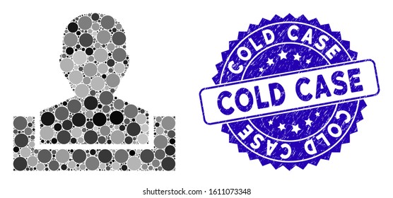 Mosaic box icon and distressed stamp seal with Cold Case phrase. Mosaic vector is designed with box icon and with randomized spheric items. Cold Case seal uses blue color, and grunge texture.
