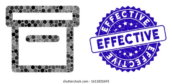 Mosaic box icon and distressed stamp watermark with Effective caption. Mosaic vector is created with box icon and with randomized spheric spots. Effective stamp uses blue color, and rubber surface.