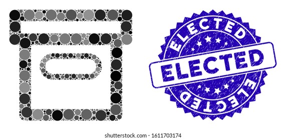 Mosaic box icon and rubber stamp seal with Elected text. Mosaic vector is formed with box icon and with randomized round items. Elected seal uses blue color, and dirty design.