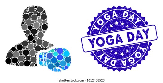 Mosaic boxing sportsman icon and grunge stamp seal with Yoga Day text. Mosaic vector is designed from boxing sportsman icon and with randomized spheric items. Yoga Day stamp seal uses blue color,