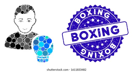 Mosaic boxing sportsman icon and rubber stamp seal with Boxing phrase. Mosaic vector is created with boxing sportsman icon and with randomized round elements. Boxing stamp seal uses blue color,