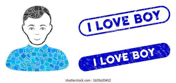Mosaic boy and corroded stamp seals with I Love Boy phrase. Mosaic vector boy is composed with random rectangles. I Love Boy stamp seals use blue color, and have round rectangle shape.