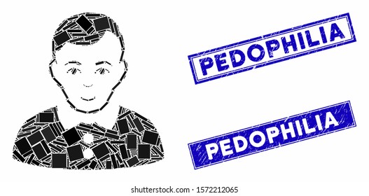 Mosaic boy icon and rectangular Pedophilia seals. Flat vector boy mosaic icon of random rotated rectangular items. Blue Pedophilia rubber seals with grunge surface.