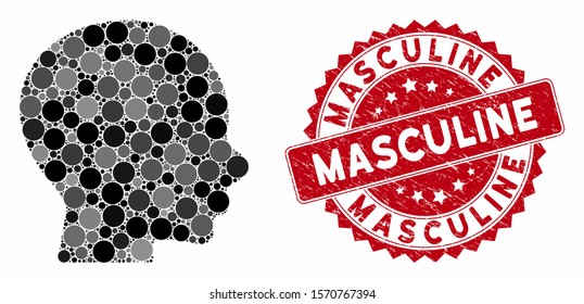 Mosaic boy profile and corroded stamp seal with Masculine text. Mosaic vector is designed with boy profile icon and with randomized spheric items. Masculine stamp seal uses red color,