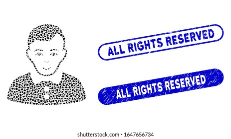 Mosaic boy and rubber stamp seals with All Rights Reserved caption. Mosaic vector boy is designed with random elliptic elements. All Rights Reserved stamp seals use blue color,