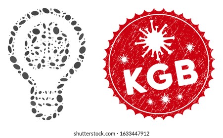 Mosaic brain bulb icon and red round grunge stamp seal with KGB phrase and coronavirus symbol. Mosaic vector is formed with brain bulb icon and with randomized oval elements. KGB stamp uses red color,