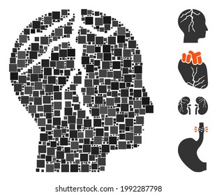 Mosaic Brain Cancer Icon Composed Of Square Elements In Random Sizes And Color Hues. Vector Square Elements Are United Into Abstract Mosaic Brain Cancer Icon. Bonus Icons Are Placed.