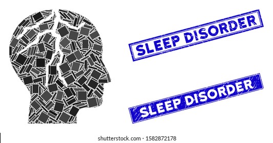 Mosaic brain cancer pictogram and rectangle Sleep Disorder seals. Flat vector brain cancer mosaic pictogram of scattered rotated rectangle elements. Blue Sleep Disorder seals with rubber textures.