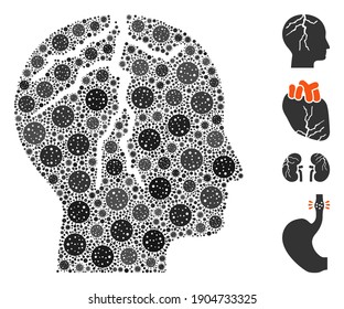 Mosaic brain cancer united from flu virus icons in different sizes and color hues. Vector viral elements are united into abstract mosaic brain cancer icon. Some bonus icons are added.