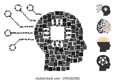 Icono de circuito del cerebro mosaico diseñado a partir de elementos cuadrados de diferentes tamaños y tonos de color. Los elementos cuadrados vectoriales se unen en un icono del circuito cerebral de mosaico abstracto. Se colocan los iconos de bonificación.