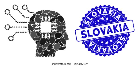 Mosaic brain circuit icon and rubber stamp watermark with Slovakia caption. Mosaic vector is formed with brain circuit icon and with random ellipse items. Slovakia stamp seal uses blue color,