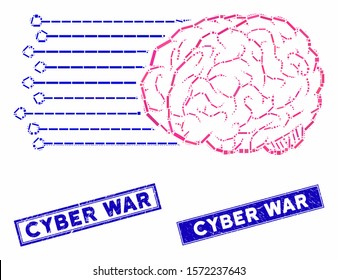 Mosaic brain connections icon and rectangular Cyber War seal stamps. Flat vector brain connections mosaic pictogram of random rotated rectangular elements. Blue Cyber War stamps with corroded surface.
