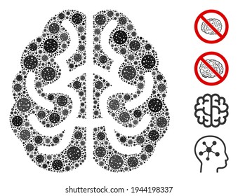 Mosaic brain constructed from SARS virus elements in random sizes and color hues. Vector viral elements are arranged into abstract mosaic brain icon. Some bonus icons are added.