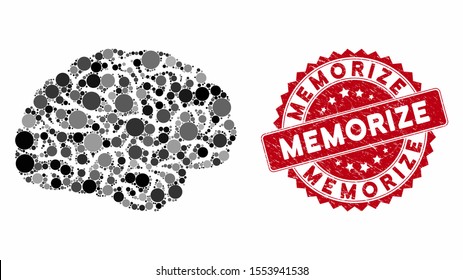 Mosaic brain and corroded stamp seal with Memorize text. Mosaic vector is designed with brain icon and with randomized spheric items. Memorize stamp seal uses red color, and scratched design.