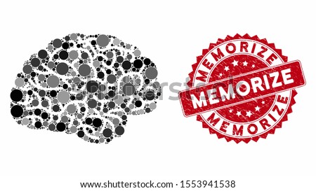 Mosaic brain and corroded stamp seal with Memorize text. Mosaic vector is designed with brain icon and with randomized spheric items. Memorize stamp seal uses red color, and scratched design.