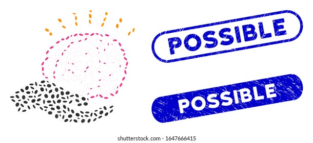 Mosaic brain education offer and grunge stamp seals with Possible phrase. Mosaic vector brain education offer is created with random ellipse dots. Possible stamp seals use blue color,