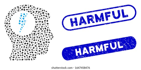 Mosaic brain electric shock and corroded stamp watermarks with Harmful text. Mosaic vector brain electric shock is created with randomized oval items. Harmful stamp seals use blue color,