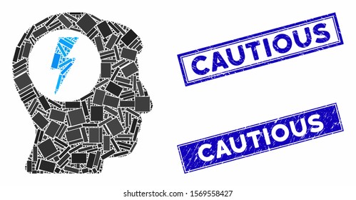 Mosaic brain electric shock icon and rectangular seals. Flat vector brain electric shock mosaic icon of random rotated rectangular items. Blue caption watermarks with grunge textures.
