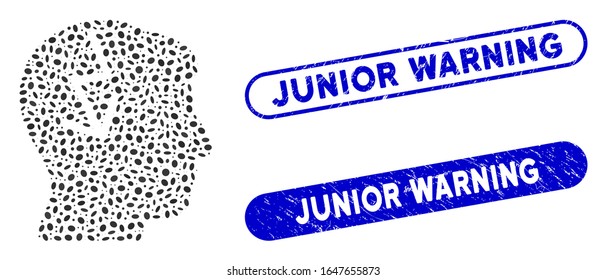 Mosaic brain electric strike and grunge stamp seals with Junior Warning caption. Mosaic vector brain electric strike is formed with random ellipse dots. Junior Warning seals use blue color,