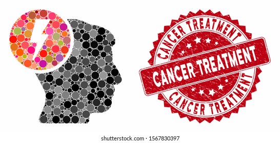 Mosaic brain electricity and corroded stamp seal with Cancer Treatment caption. Mosaic vector is created from brain electricity icon and with randomized circle items.