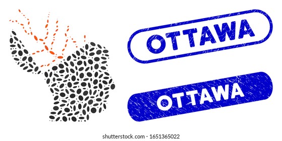 Mosaic brain electricity and distressed stamp seals with Ottawa text. Mosaic vector brain electricity is composed with scattered ellipse spots. Ottawa stamp seals use blue color,