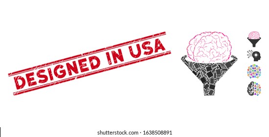 Mosaic brain filter icon and red Designed in USA seal between double parallel lines. Flat vector brain filter mosaic icon of randomized rotated rectangle elements.