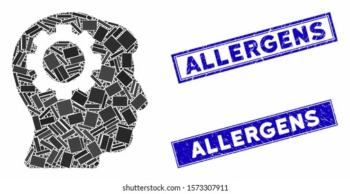 Mosaic brain gear icon and rectangle Allergens seal stamps. Flat vector brain gear mosaic pictogram of scattered rotated rectangle elements. Blue Allergens seal stamps with distress texture.